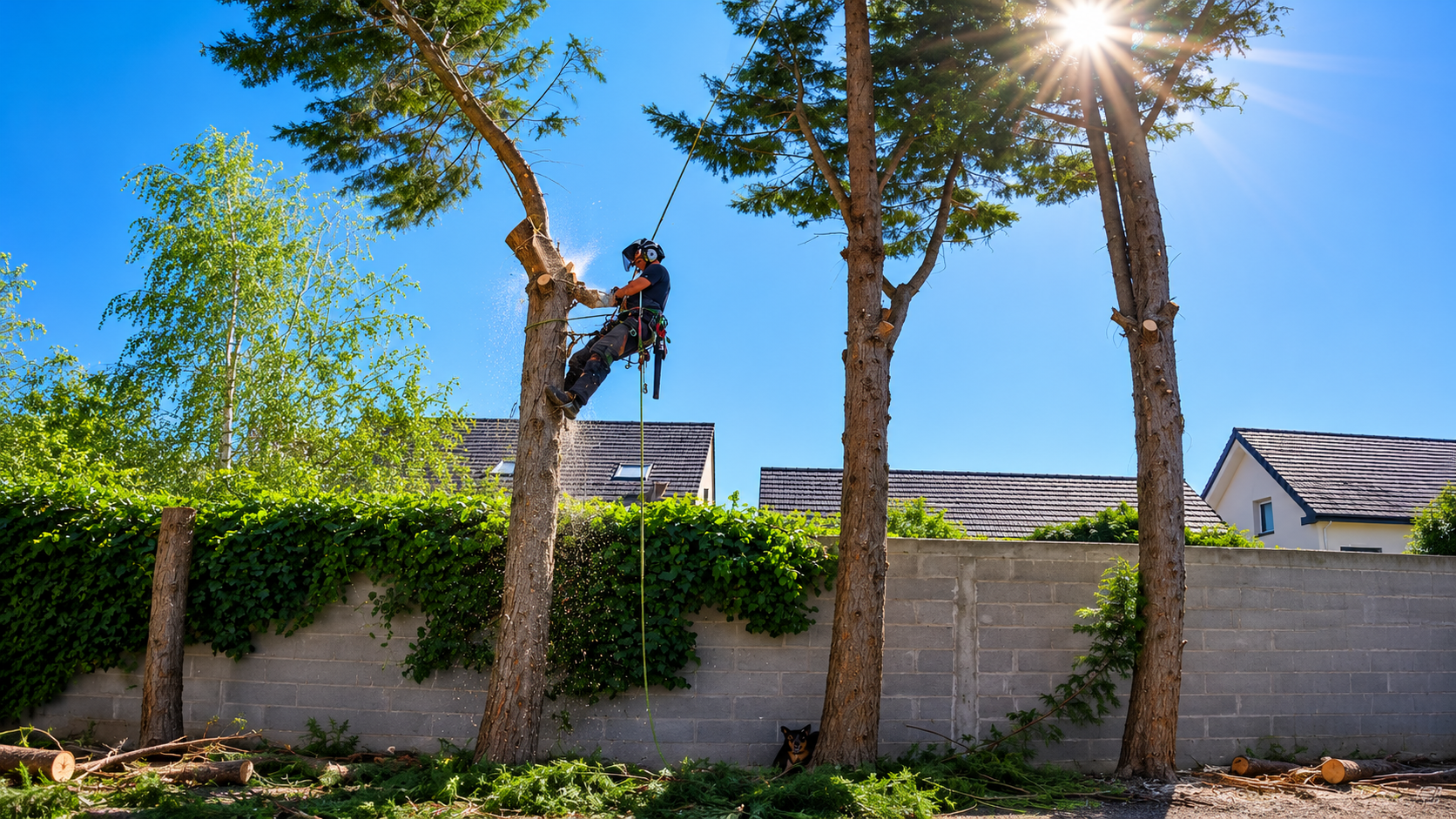 Élagueur professionnel travaillant dans un grand arbre